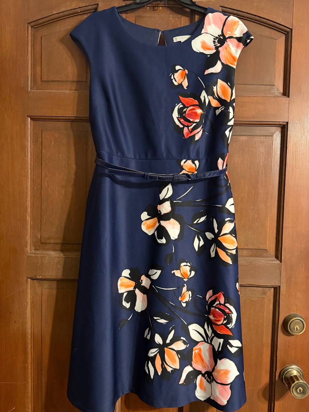 New York & Company Navy Floral A-Line Dress with Orange & White Blooms
